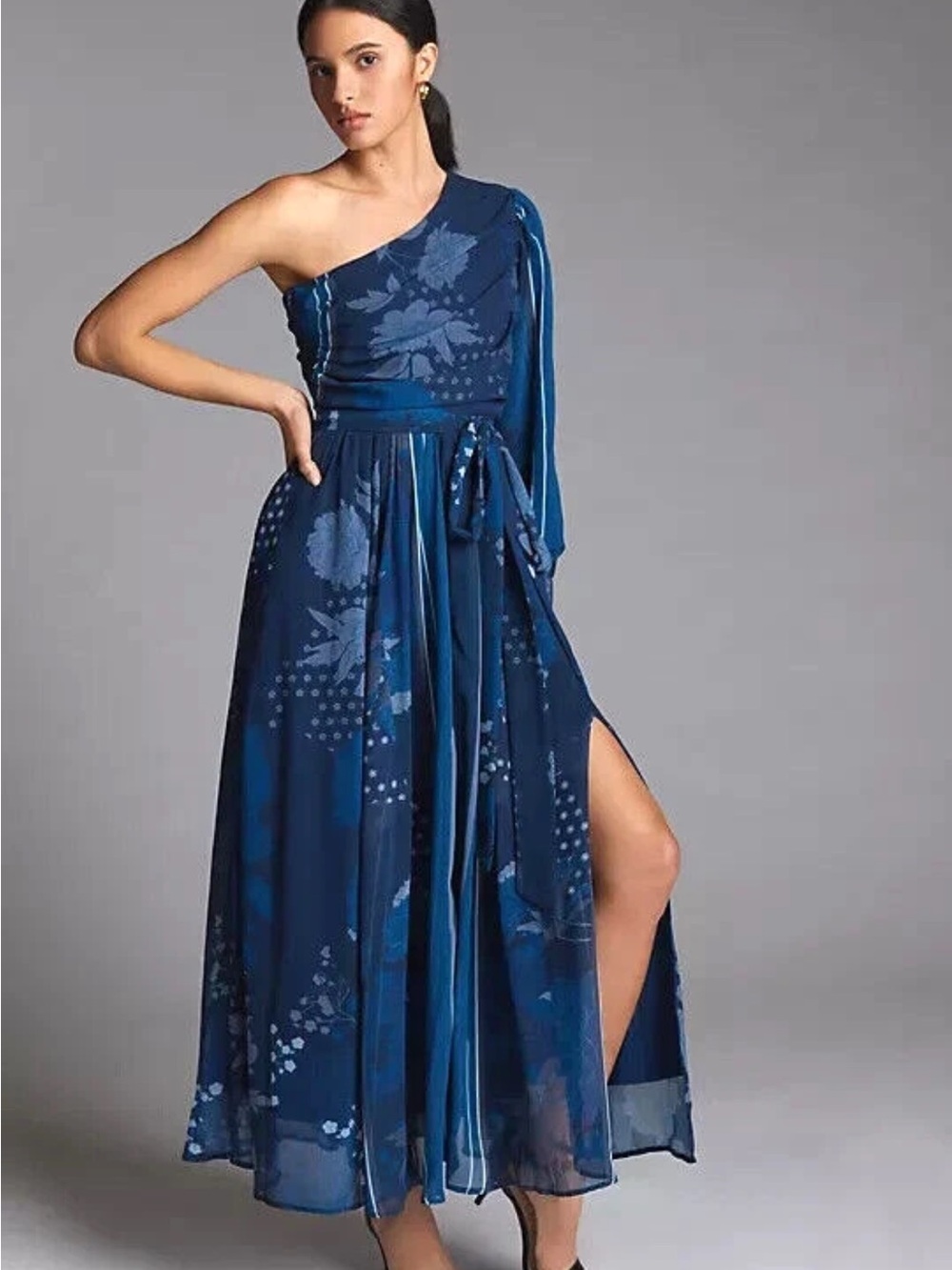 Anthropologie One-Shoulder Navy Floral Maxi Dress